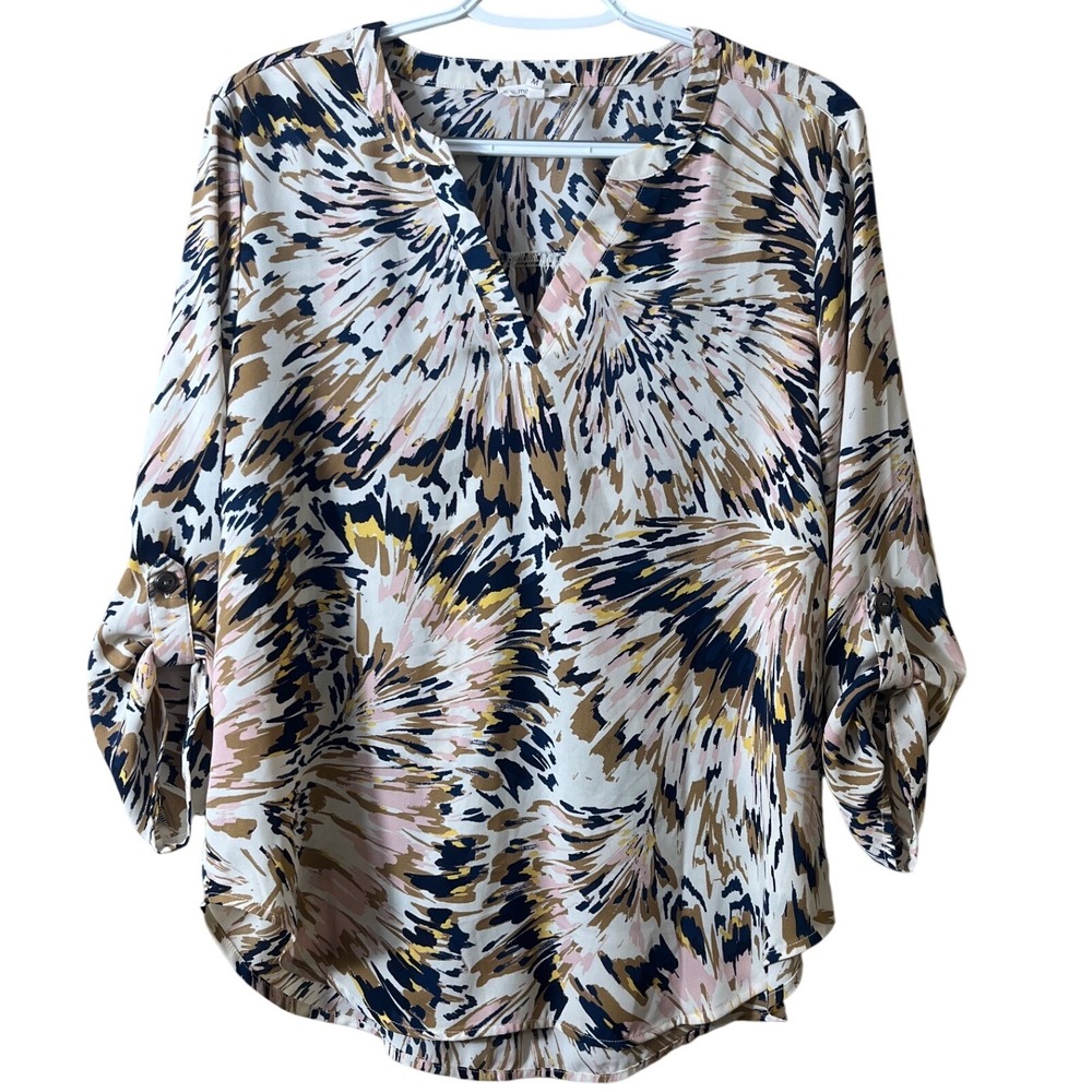 Maurices Abstract‎ Print V-Neck Roll Tab Sleeve Blouse Size M Boho Career Casual